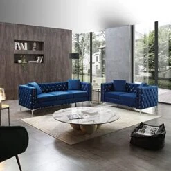 Fulocseny 2 Piece Modern Velvet Upholstered Living Room Set With 3-Seater Sofa And Loveseat, Jeweled Button Tufted Copper Nails Square Arms, 4 Pillows Included, Grey,5 Seater (Grey + Velvet) -Songmics Furniture Shop 515Gmic44AL. AC