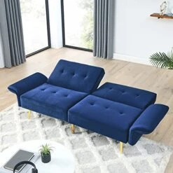 ANYTEC Futon Sofa Bed/Couch, 78" Velvet Futon Sofa Bed W/Adjustable Backrests And Armrests, Foldable Modern Loveseat With Storage Bags For Compact Small Space, Dorm, Living Room, Office (Navy)