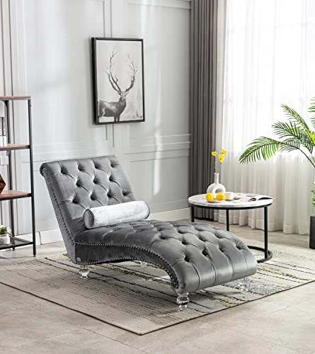 KINFFICT Velvet Chaise Lounge Chair With Toss Pillow, Modern Tufted Button Lounge Chair With Acrylic Legs, Upholstered Indoor Sleeper Chair For Living Room, Bedroom, Silver Grey 1 KINFFICT Velvet Chaise Lounge Chair With Toss Pillow, Modern Tufted Button Lounge Chair With Acrylic Legs, Upholstered Indoor Sleeper Chair For Living Room, Bedroom, Silver Grey
