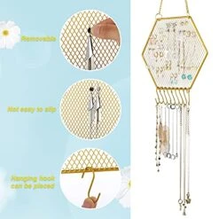 2 Pieces Earring Wall Holder Wall Mounted Earring Organizer Hanging Hexagon Earring Stand Decorative Diamond Grid Shape Jewelry Display Rack With Hanging Hooks For Earrings Necklaces Bracelets (Gold) 11 2 Pieces Earring Wall Holder Wall Mounted Earring Organizer Hanging Hexagon Earring Stand Decorative Diamond Grid Shape Jewelry Display Rack With Hanging Hooks For Earrings Necklaces Bracelets (Gold) -Songmics Furniture Shop 515l0z4vWKS