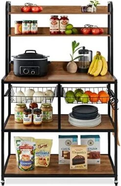 Best Choice Products 67in Baker's Rack, Multipurpose Counter-Height Kitchen Accessory For Food Prep, Cooking, Storage W/Locking Wheels, Adjustable Feet, 2 Wire Baskets, Shelf Backings - Brown/Black -Songmics Furniture Shop 515yTeTSgdL. AC