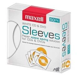 Maxell 190135 Protective Thin Clear Plastic Easy Storage CD & DVD Sleeves White 50 Pack (Paper)
