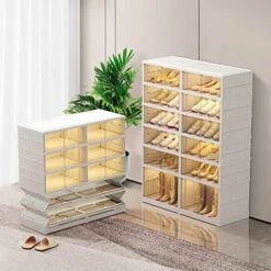 CIMLORD 9-Tier Foldable Shoe Rack Organizer For Closet 18-36Pairs Plastic Collapsible Shoes Storage Box Clear Shoe Boxes Stackable With Door Easy Assembly Shoe Cabinet Bins With Lids Large -Songmics Furniture Shop 516QUaDffL. AC