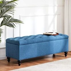 HUIMO Button-Tufted Ottoman With Storage In Upholstered Fabrics, Large Storage Bench For Bedroom, Living Room, Entryway, Storage Ottoman Bench With Safety Hinge Hold Up To 300lbs（Dark Teal） -Songmics Furniture Shop 516V5bydmEL. AC