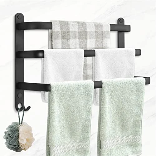 3 Tier Towel Bars, JiGiU Triple Towel Hanger Rack Aluminum Towel Holder With 5 Hooks, 3-Tier Ladder Adhesive Towel Rack Storage Organizer Wall Mounted Space Saving For Bathroom Kitchen Hotel,Black 1 3 Tier Towel Bars, JiGiU Triple Towel Hanger Rack Aluminum Towel Holder With 5 Hooks, 3-Tier Ladder Adhesive Towel Rack Storage Organizer Wall Mounted Space Saving For Bathroom Kitchen Hotel,Black
