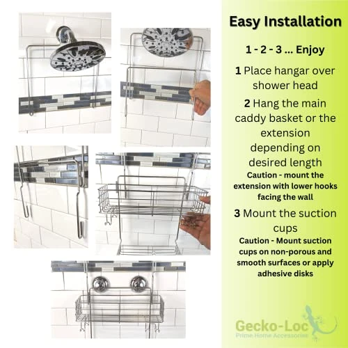 Gecko-Loc Extra Long Wide Adjustable Length Over The Showerhead Hanging Shower Caddy Organizer - Stainless Steel Bathroom Caddies Storage Rack Shelf Hooks And Soap Dish - Silver 5 Gecko-Loc Extra Long Wide Adjustable Length Over The Showerhead Hanging Shower Caddy Organizer - Stainless Steel Bathroom Caddies Storage Rack Shelf Hooks And Soap Dish - Silver - Image 5