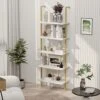 5-Tier Industrial Ladder Shelf Rustic Wall Mounted Metal Frame Bookshelf, Multi-Use Open Shelf For Storage Organizer Plants Rack For Office And Home, Living Room, Bedroom - White Marble Board