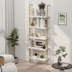 5-Tier Industrial Ladder Shelf Rustic Wall Mounted Metal Frame Bookshelf, Multi-Use Open Shelf For Storage Organizer Plants Rack For Office And Home, Living Room, Bedroom - White Marble Board