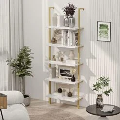 5-Tier Industrial Ladder Shelf Rustic Wall Mounted Metal Frame Bookshelf, Multi-Use Open Shelf For Storage Organizer Plants Rack For Office And Home, Living Room, Bedroom - White Marble Board -Songmics Furniture Shop 516kVeL12XL. AC