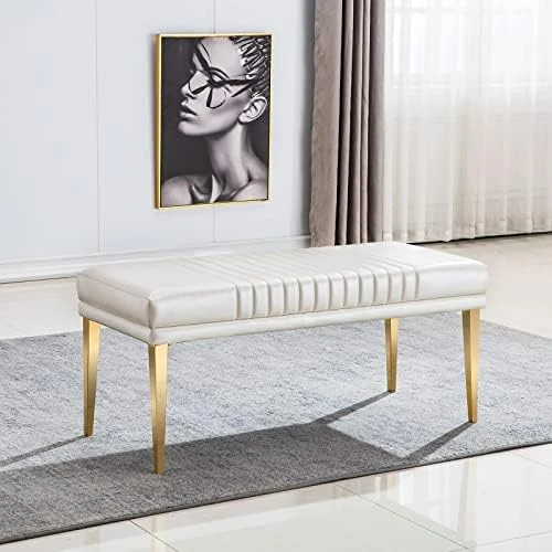 AUZ 3 Pieces Dining Room Bench Sets, White PU Leather Ottoman With 2 Channel Back Dining Chairs In White Gold 7 AUZ 3 Pieces Dining Room Bench Sets, White PU Leather Ottoman With 2 Channel Back Dining Chairs In White Gold - Image 7