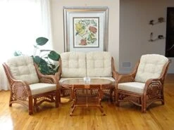 Malibu Lounge Set Of 4: 2 Natural Rattan Wicker Chairs, Loveseat With Cream Cushions And Coffee Table W/Glass Handmade, Colonial -Songmics Furniture Shop 517CLy2MZrL