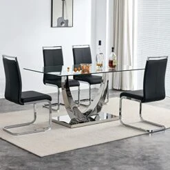 Modern Rectangular Glass Dining Table For 6-8 With Tempered Glass Tabletop And Silver Chrome Metal U-Shaped Bracket For Kitchen Dining Living Meeting Room Banquet Hall (Silver6) -Songmics Furniture Shop 517FKiOt7pL