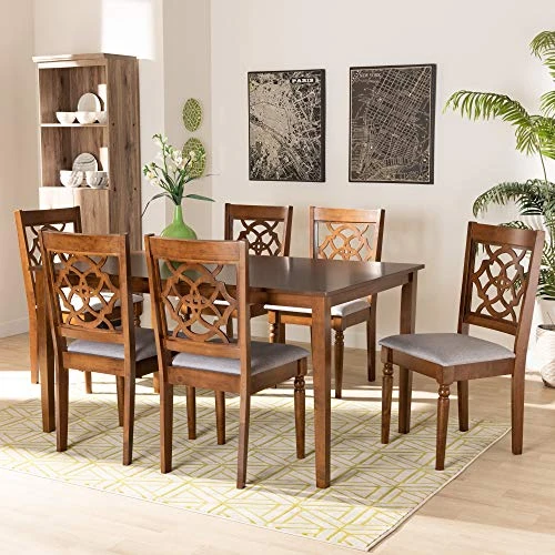 Baxton Studio Renaud Dining Set And Dining Set Grey Fabric Upholstered And Walnut Brown Finished Wood 7-Piece Dining Set 5 Baxton Studio Renaud Dining Set And Dining Set Grey Fabric Upholstered And Walnut Brown Finished Wood 7-Piece Dining Set - Image 5