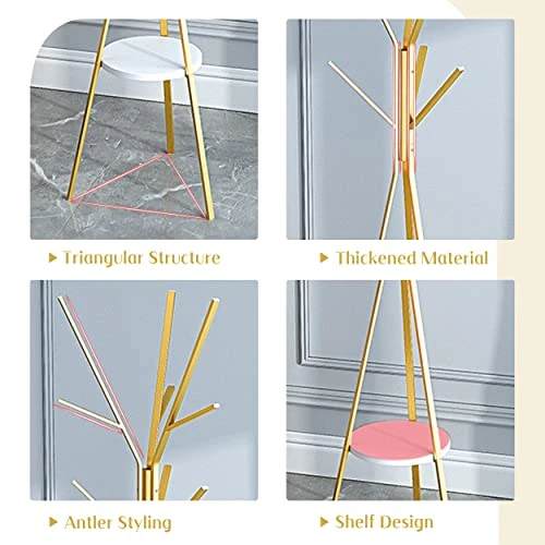 IOTXY Metal Coat Rack Tree - 71 Inches Tall Floor Standing Clothing Hanger With Wooden Shelf And 9 Hooks For Handbag Jacket Scarf Rack, Gold 4 IOTXY Metal Coat Rack Tree - 71 Inches Tall Floor Standing Clothing Hanger With Wooden Shelf And 9 Hooks For Handbag Jacket Scarf Rack, Gold - Image 4