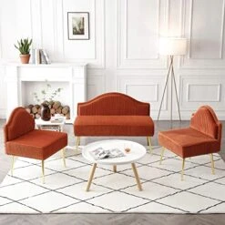Homtique Velvet Loveseat & Accent Chair 3 Piece Set, Modern Upholstered Living Room Furniture Set, Armless Loveseat Settee With Gold Metal Legs, For Small Space, Bedroom, Apartment, Orange