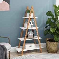 Ladder Shelf Bookcase, Bamboo Ladder Shelving Unit, Plant Stand, Wood Oxford “A” Frame Ladder Display Bookshelf (4 Tiers)