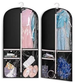 Kimbora Costume Dance Garment Bag With 3 Clear Zipper Pockets For Suits Dress Cover, Travel Storage & Competitions, Set Of 2 (Black)