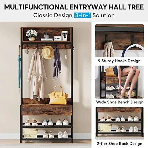 LITTLE TREE 4-in-1 Entryway Hall Tree, Rustic Brown 4 LITTLE TREE 4-in-1 Entryway Hall Tree, Rustic Brown - Image 4