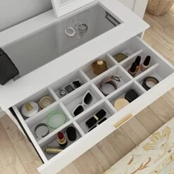 Homsee Modern Dresser Storage Chest With 3 Drawers, Glass Top & Jewelry Organizer, Wood Dresser Chest With Metal Legs For Bedroom, Living Room & Hallway, White (31.5”L X 15.7”W X 28.7”H) -Songmics Furniture Shop 517x7e7JiyL