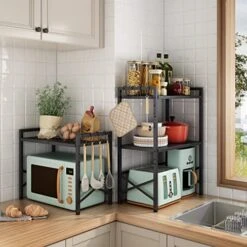 Hoctieon 3-Tier Expandable Microwave Oven Rack With 4 Hooks, Freestanding Microwave Shelf With X-Shaped Design, Sturdy Microwave Stand For Kitchen Storage -Songmics Furniture Shop 517yyoeNhZL