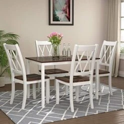Merax 6 Pieces Dining Table Set With Bench, Kitchen Table Chairs Set, Wooden Rectangular Dining Table With 4 Chairs And Bench For Kitchen Room Dining Room (Brown+Cottage White) -Songmics Furniture Shop 5183cVN3BmL. AC