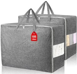 2Pack 105L Extra Large Storage Bags, Folding Moving Comforter Blanket Storage Bags Closet Organizers And Storage Containers For Clothes With Strong Handles&Zippers Clear Window For Bedding Pillow Grey