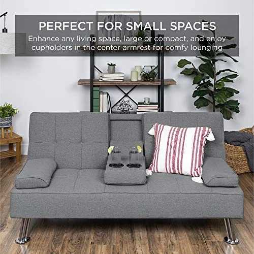GENERIC Linen Upholstered Modern Convertible Folding Futon Sofa Bed For Compact Living Space, Apartment, Dorm, Bonus Room W/Removable Armrests, Metal Legs, 2 Cupholders - Gray 5 GENERIC Linen Upholstered Modern Convertible Folding Futon Sofa Bed For Compact Living Space, Apartment, Dorm, Bonus Room W/Removable Armrests, Metal Legs, 2 Cupholders - Gray - Image 5