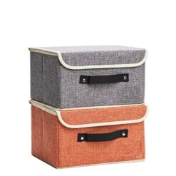 Small Storage Boxes With Lids 2 Pack Linen Collapsible Cube Storage Basket With Handle, Jane's Home Foldable Fabric Storage Box With Lids Organizer For Toys, Clothes Closet, Ornament