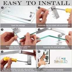 Ripeng 4 Pack Bathroom Glass Shelf Silver Aluminum Glass 8 Mm Extra Thick Rectangular 1 Tier Storage Organizer Wall Mount Floating Glass Shelves -Songmics Furniture Shop 518Ji09LRLL