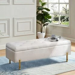 Andeworld Velvet Storage Bench, Modern Bedroom Bench, Upholstered Tufted Large Settee Ottoman With Storage Bench For Bedroom,Living Room,Entryway, Ivory