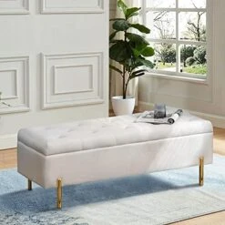 Andeworld Velvet Storage Bench, Modern Bedroom Bench, Upholstered Tufted Large Settee Ottoman With Storage Bench For Bedroom,Living Room,Entryway, Ivory -Songmics Furniture Shop 518bZ4GHnPL. AC