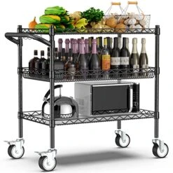 Leteuke Heavy Duty 3 Tier Rolling Utility Cart,NSF Certified 990Lbs Capacity Rolling Carts With Wheels,Commercial Grade Metal Cart With Handle Bar & Shelf Liner,Trolley Serving Cart For Kitchen, Black