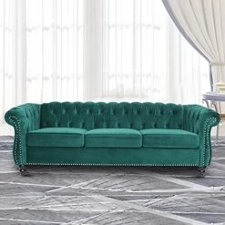 NOSGA Modern Chesterfield Fabric 3 Seater Couch Furniture, Deep Button Tufted Chesterfield Velvet Sofa With Scroll Arms, Upholstery Nailhead Trim Sofa Couches For Living Room(Green)