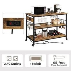 Yaheetech Kitchen Island With Power Outlet, Rolling Kitchen Cart With Wine Rack & Glass Holder & Hooks, Coffee Station Microwave Stand Wine Rack Table For Kitchen/Dinning Room, Rustic Brown -Songmics Furniture Shop 518moqpXrdL