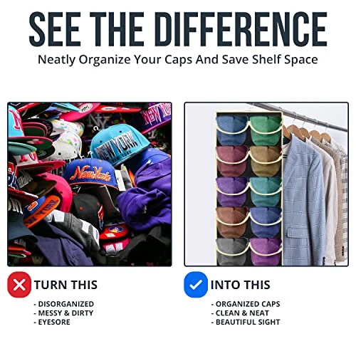 Tidy Zebra Hanging Hat Rack Organizer To Display Baseball Caps - 24 Pockets Dual Sided Hat Hanger For Ball Cap Organization & Storage Best Hat Holder For Closet Home Dorm Room Essentials (Black) 2 Tidy Zebra Hanging Hat Rack Organizer To Display Baseball Caps - 24 Pockets Dual Sided Hat Hanger For Ball Cap Organization & Storage Best Hat Holder For Closet Home Dorm Room Essentials (Black) - Image 2