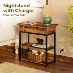 Rolanstar End Table With Charging Station, Narrow Nightstand, Flip Top Side Table With USB Ports And Storage Shelves For Small Spaces, Living Room, Bedroom (Rustic Brown) -Songmics Furniture Shop 518s0TmJPSL