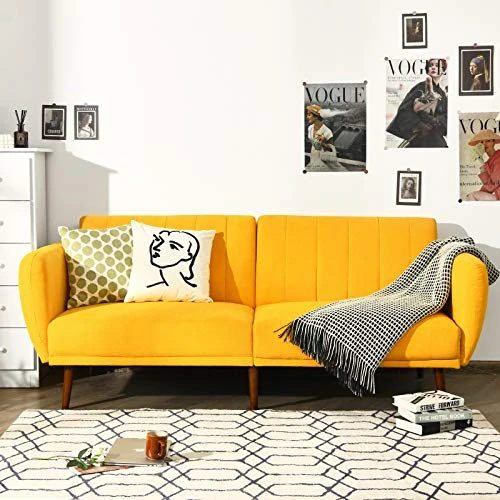POWERSTONE Futon Sofa Bed - Modern Convertible Sleeper Sofa Couch Folding Recliner Futon Sofa With Armrest Adjustable Backrest Fabric Sofa Bed Futon Couch For Living Room Office Yellow 1 POWERSTONE Futon Sofa Bed - Modern Convertible Sleeper Sofa Couch Folding Recliner Futon Sofa With Armrest Adjustable Backrest Fabric Sofa Bed Futon Couch For Living Room Office Yellow