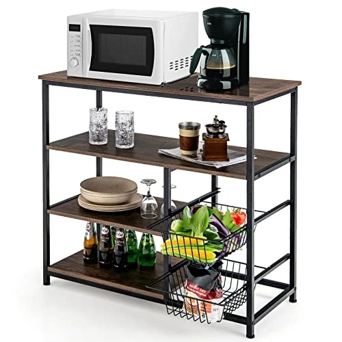 PETSITE Kitchen Bakers Rack, 4-Tier Coffee Bar Station With 2 Pull-Out Baskets, Industrial Microwave Oven Stand, Free Standing Utility Storage Shelf 1 PETSITE Kitchen Bakers Rack, 4-Tier Coffee Bar Station With 2 Pull-Out Baskets, Industrial Microwave Oven Stand, Free Standing Utility Storage Shelf