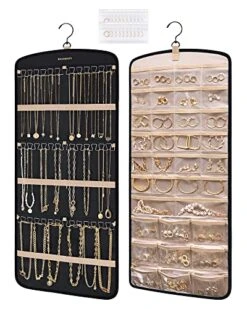 BAGSMART Hanging Jewelry Organizer, Necklace Holder Anti-tangle Earrings Rings Hanger With 20 Jewelry Bags Travel Storage Roll With Pockets Hang On Closet, Wall, Door,1 Piece, Large, Black