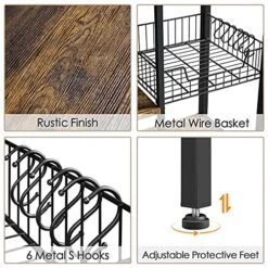 Topeakmart Baker's Rack With Power Outlet For Kitchen, 56" Kitchen Rack With Metal Basket & Hooks, Microwave Stand Cart With Storage Shelves, Industrial Utility Storage Shelf For Kitchen, Rustic Brown -Songmics Furniture Shop 519M2m73CWS