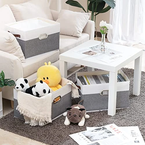 Yawinhe Collapsible Storage Bins, 15.0 X 9.8 X 8.3 Inch, Cube Storage Bins, Fabric Foldable Storage Bins Organizer Containers With Dual Leather Handles For Home Closet Office (White/Grey, 2-Pack) 2 Yawinhe Collapsible Storage Bins, 15.0 X 9.8 X 8.3 Inch, Cube Storage Bins, Fabric Foldable Storage Bins Organizer Containers With Dual Leather Handles For Home Closet Office (White/Grey, 2-Pack) - Image 2