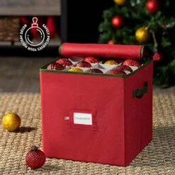 ZOBER Christmas Ornament Storage Box With Dual Zipper Closure - Box Contributes Slots For 64 Holiday Ornaments 3-Inch, Xmas Decorations Accessories, Made Of Nonwoven Tear-Proof Material, Red