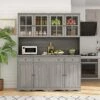 AIEGLE Large Kitchen Hutch Cabinet, Wood Storage Cupboard Pantry With Glass Doors, Drawers & Countertop, Floor Kitchen Pantry Storage Cabinet Utility Buffet, Grey (61.2" L X 18.1" W X 75.9" H)