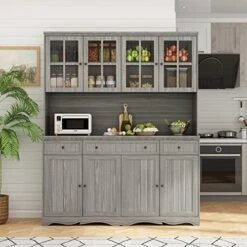AIEGLE Large Kitchen Hutch Cabinet, Wood Storage Cupboard Pantry With Glass Doors, Drawers & Countertop, Floor Kitchen Pantry Storage Cabinet Utility Buffet, Grey (61.2" L X 18.1" W X 75.9" H)