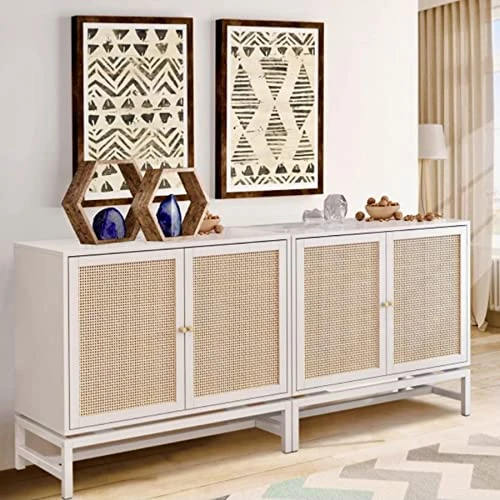 AWQM Sideboard Buffet Cabinet, Accent Storage Cabinet With 2 Rattan Doors, Farmhouse Accent Side Cabinet With Adjustable Shelves,Natural Wood Sideboard Entryway Table For Bar, Dining Room,White 5 AWQM Sideboard Buffet Cabinet, Accent Storage Cabinet With 2 Rattan Doors, Farmhouse Accent Side Cabinet With Adjustable Shelves,Natural Wood Sideboard Entryway Table For Bar, Dining Room,White - Image 5