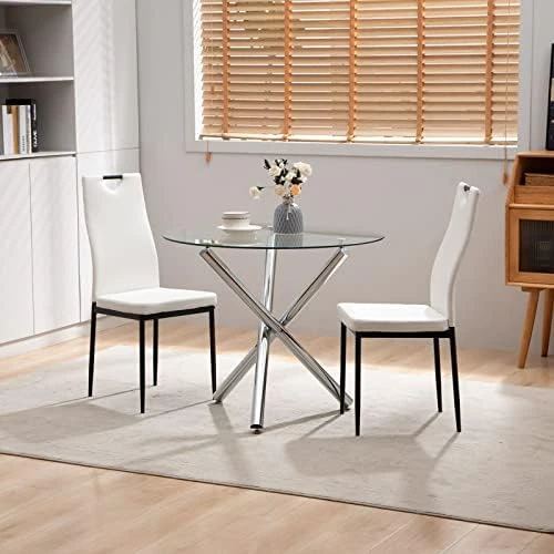 Round Glass Dining Table For 2 To 4 Person - 35.4" Inch Kitchen Dining Room Table With Tempered Glass Top, Sturdy Chrome Legs, Modern Circle Leisure Table For Dinner Apartment Small Spaces 7 Round Glass Dining Table For 2 To 4 Person - 35.4" Inch Kitchen Dining Room Table With Tempered Glass Top, Sturdy Chrome Legs, Modern Circle Leisure Table For Dinner Apartment Small Spaces - Image 7
