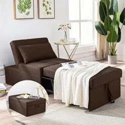 Cozy Castle Sleeper Chair, Convertible Chair Bed, 4 In 1 Ottoman Bed, Pullout Small Sofa Bed, Durable Linen Fabric Chaise Lounge, For Living Room, Brown -Songmics Furniture Shop 519pHI8ufBL. AC