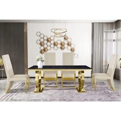 Anewsun 5 Pieces Black Gold Dining Table Set, Black Texture Top Dining Room Table With 4 White Leather Upholstered Chairs, 72" Rectangular Dining Table Set For 4