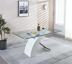 Knocbel Contemporary Rectangular Tempered Glass Dining Table With X-Shaped Pedestal, Kitchen Dining Room Table, High Gloss Finish, 63" Wx35.4 Dx29.5 H, White X-Shaped Base​