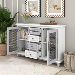 LUMISOL Buffet Sideboard Cabinet With 4 Middle Drawers And 2 Metal Mesh Doors Kitchen Buffet Table For Entryway